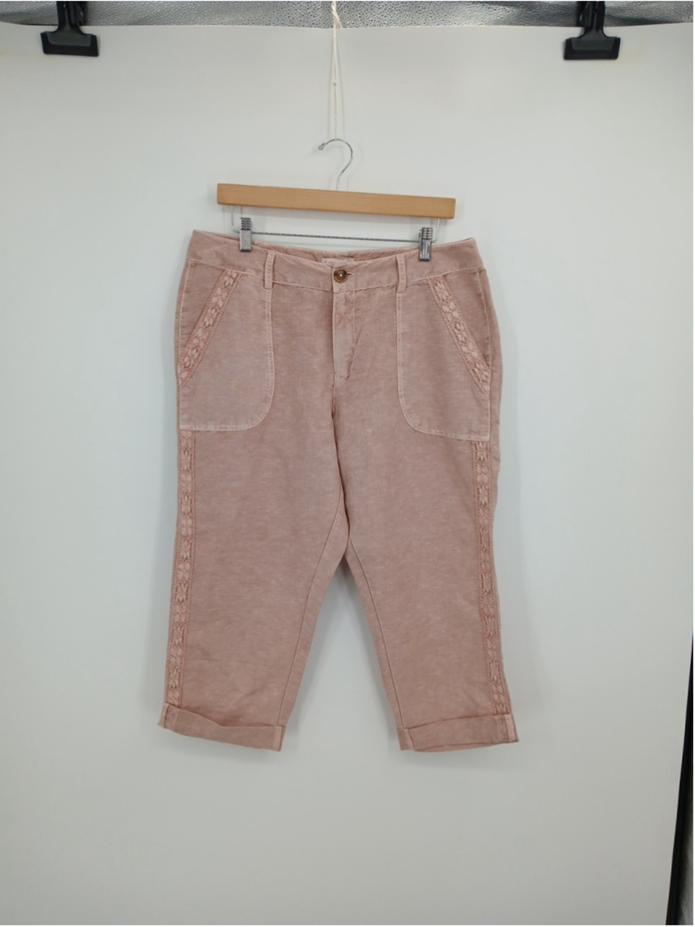 Coldwater Creek Womens Pink Linen Blend Capri Pants Size 12 Petite Pockets New